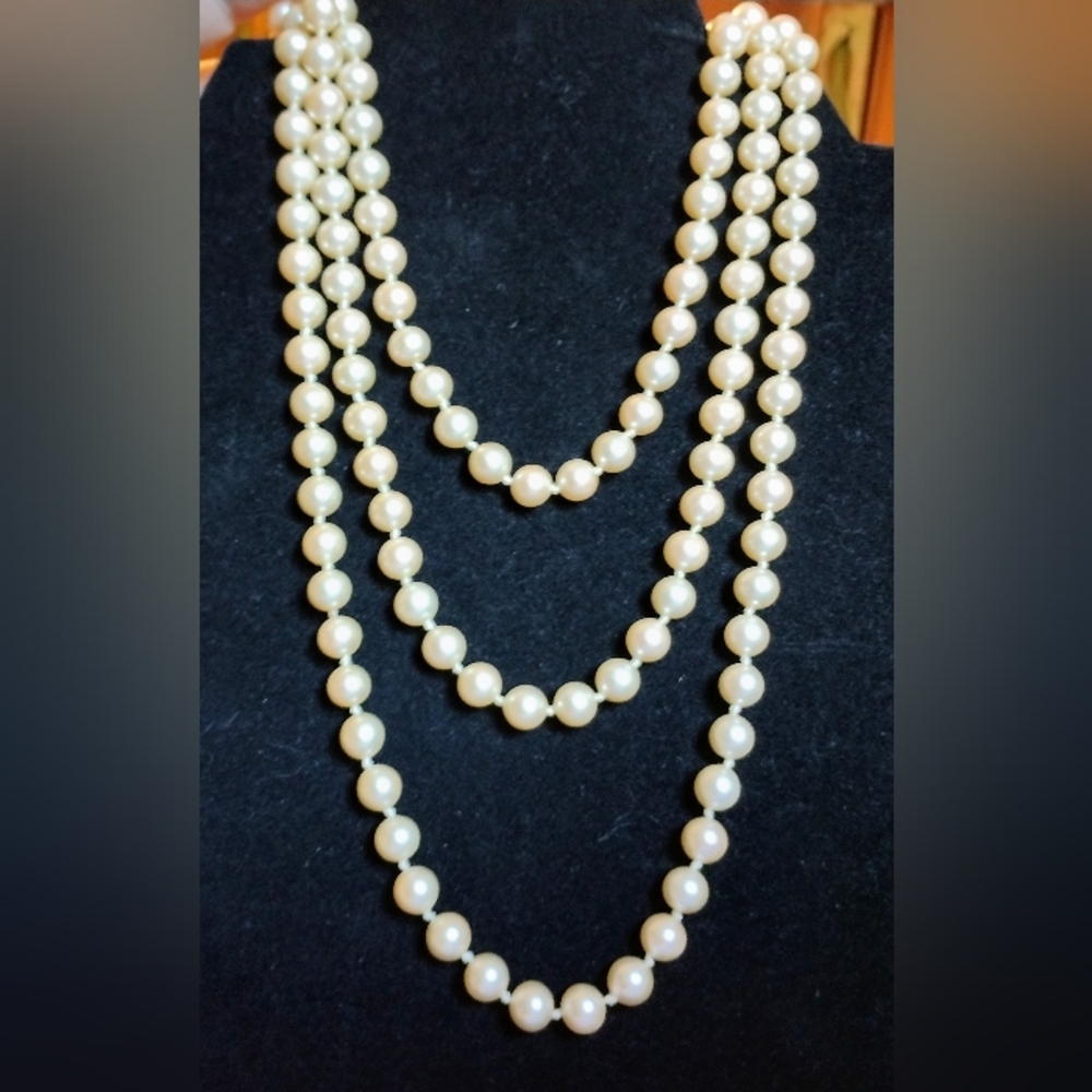 Long Strand of Monet Hand Knotted Faux Pearls Necklace